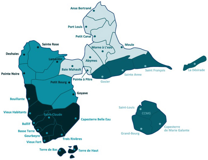 Descriptif de la carte de répartition des conseillers France Rénov' en Guadeloupe. Voir descriptif détaillé ci-après